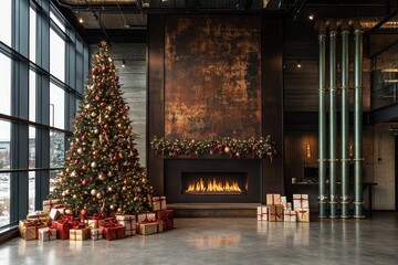  Christmas tree with red and gold ornaments, presents, and modern fireplace in a spacious room with high ceilings and floor-to-ceiling windows.