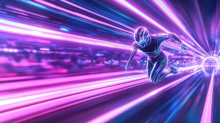 Futuristic figure in vibrant digital tunnel setting