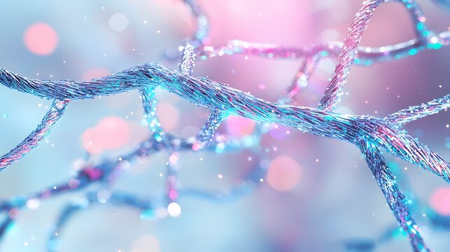 Collagen and elastin fibers: A microscopic image of collagen and elastin fibers, highlighting their importance in maintaining skin elasticity and firmness. The image should showcase the interwoven 
