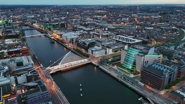 Aerial footage of Dublin during dusk, Ireland