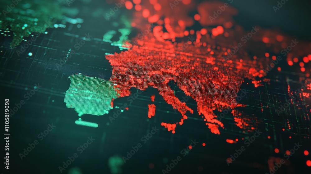 Poster a digital map representation of europe, highlighted in red and green, showcasing data visualization 