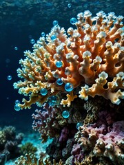 Coral reef close-up with underwater bubbles.