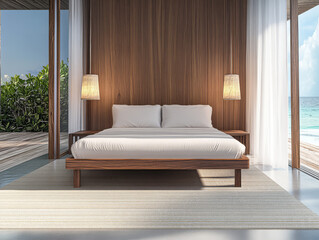 Modern bedroom with panoramic views and minimal decor in a beachside property