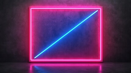 Neon Light Frame with Diagonal Glow on Dark Grungy Wall Surface