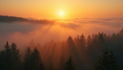Golden sunlight breaks through mist, illuminating a serene forest at dawn.