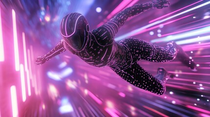 Dazzling descent of cyber figure in neon vortex