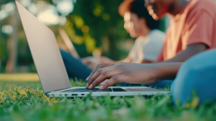 A couple of people are sitting on the grass, using laptops in a sunny outdoor setting, engaged in work or study.