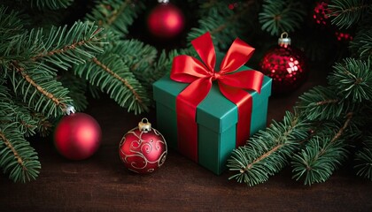 Christmas themed background with ornaments, a gift box with a red ribbon, and pine branches decorations