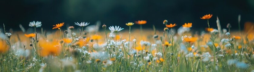 A vibrant field of wildflowers with a mix of orange and white blooms, creating a beautiful, colorful landscape against a blurred background.
