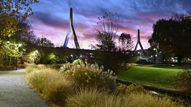 The iconic architecture of Boston in Massachusetts, USA showcasing the famous landmark of the city, the Zakim bridge, at sunrise.