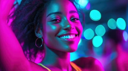 Fototapeta premium Close-up of girls dancing in a nightclub, vibrant neon lights reflecting off their smiling faces and dynamic movements, Futuristic, Neon, Photography