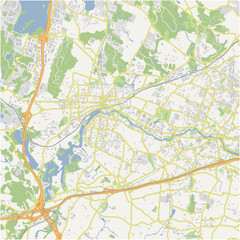 Map of Waltham in Massachusetts in a normal road map style. Contains layered vector with roads water, parks, etc.
