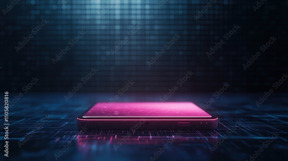 Poster a sleek, futuristic device rests on a digital surface, illuminated by vibrant lighting, creating an 