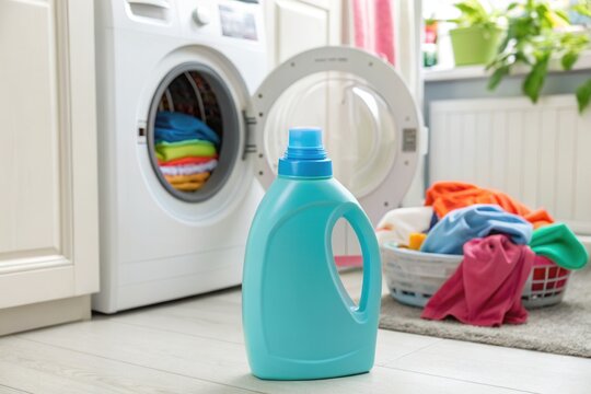 A bright laundry room features a washing machine with a basket of colorful clothes nearby. A bottle of blue detergent is positioned prominently on the floor, emphasizing the everyday activity of doing