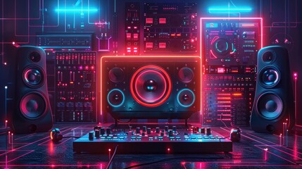 Fototapeta premium Neon-lit music studio setup with speakers, mixer, and synthesizer.