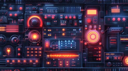 Obraz premium Futuristic control panel with glowing buttons and dials.