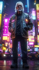 Fototapeta premium A futuristic cityscape featuring a senior man.