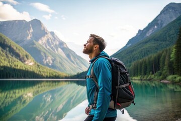 A hiker stands quietly by a serene lake, breathing in the fresh air. The rising sun casts a warm glow on the mountains and the water, reflecting the stunning landscape. It is a peaceful moment in natu