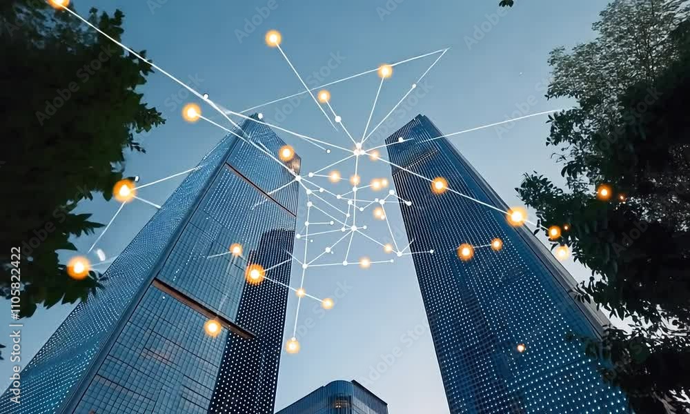 Poster witness a dynamic display of modern architecture enhanced by digital overlays illustrating interconn