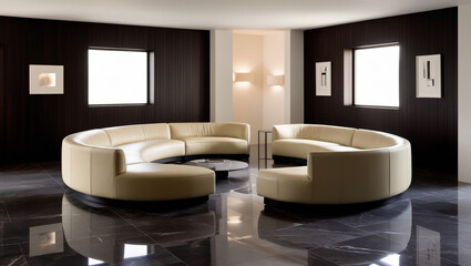 Curved sofas and armchair in room with black wooden paneling wall. Minimalist interior design of modern living room.