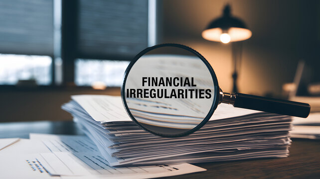 Magnifying glass revealing hidden financial irregularities in a stack of documents, emphasizing secrecy and deception in a dimly lit office setting.