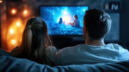 Naklejka premium Father and daughter sitting on a sofa, watching TV together, surrounded by glowing neon reflections from the screen, Futuristic, Neon, Digital Art