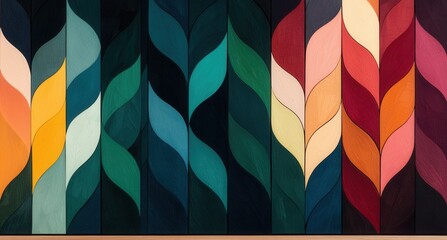 Abstract Colorful Waves Pattern in Vibrant Tones and Organic Shapes on Wood Panels