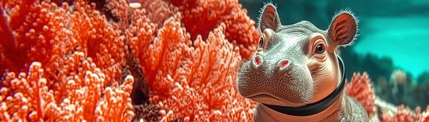 Obraz premium Snarky baby hippo swimming with a snorkel among colorful coral reefs underwater scene high fidelity playful concept