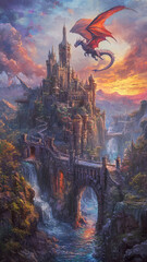 Fototapeta premium Majestic dragon soars over a medieval castle at twilight in fantasy landscape