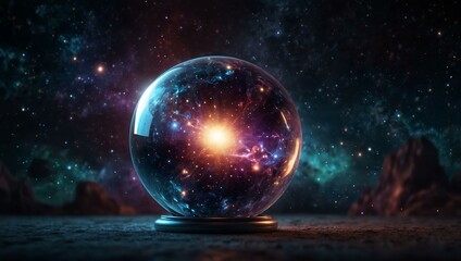 Fototapeta premium Cosmic universe with a glowing crystal sphere.
