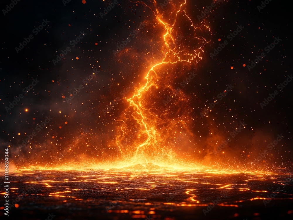 Poster electrifying lightning bolt strikes ground illuminating terrain in glowing patterns