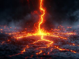 Dramatic Lightning Bolt Striking the Ground Illuminating Glowing Electric Patterns in the Terrain