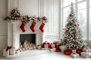 Cozy Christmas-themed living room with white fireplace, red and silver decorated tree, gift boxes, stockings, and a garland of lights. Bright and festive atmosphere.