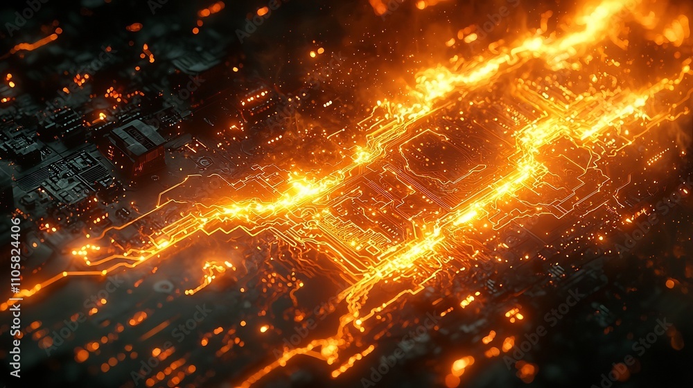 Poster glowing futuristic microchip symbolizing advanced computing power and electric current concept