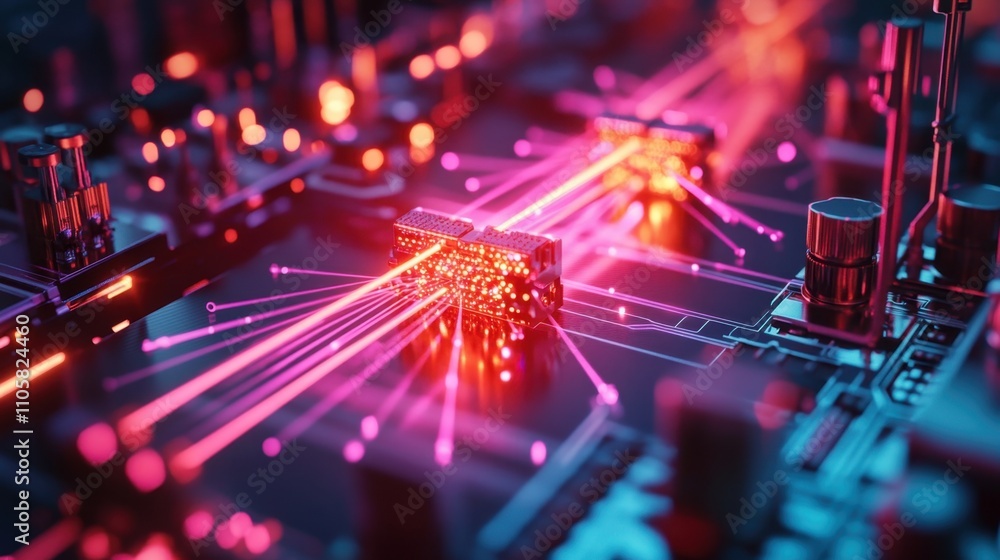 Poster a dynamic portrayal of quantum sensors in action, with beams of light and precision circuitry highli