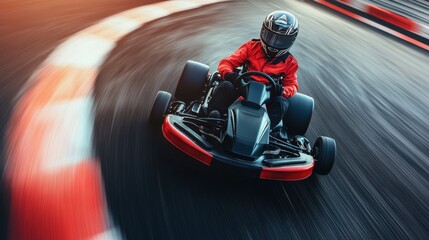 Dynamic shot of go-kart racer in red suit navigating a curve at high speed, creating dramatic motion blur effect that captures the intensity of motorsport action