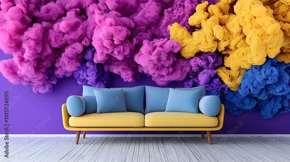Poster vibrant ink swirls, a modern mural showcasing dynamic colorful smoke patterns blending in water, cre