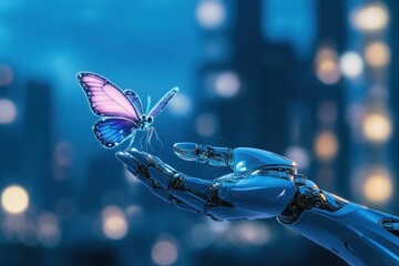 Mechanical hand holding bioluminescent butterfly, skyline