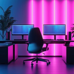 Cyberpunk office with dark tones, glowing neon signage, and sleek, modern workstations with holographic monitors, Cyberpunk, Neon, 3D Render  ,closes up
