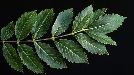 The compound leaves of an ash tree, with multiple leaflets arranged along a central stem, each with a serrated edge