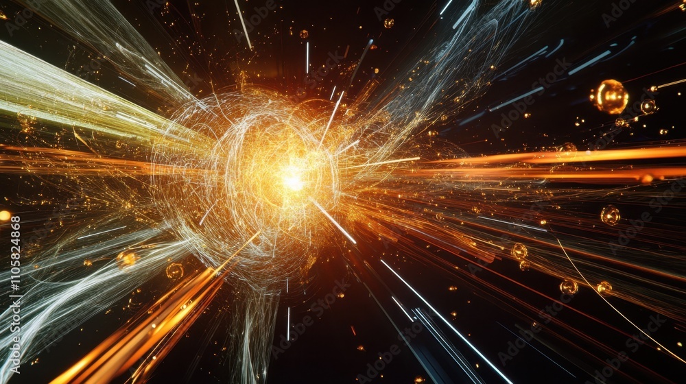 Poster a dynamic visualization of bosons as radiant, moving particles amidst intricate fields of energy and