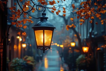 A quiet street at dusk, with street lamps glowing softly, creating an inviting yet introspective mood 