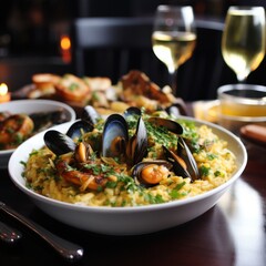 Delicious Seafood Rice Dish Shrimp, Mussels, Creamy Sauce