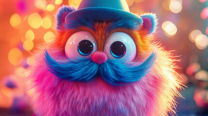 This colorful furry character features large eyes and a charming mustache, set against a vibrant background. Perfect for adding fun and joy to any project