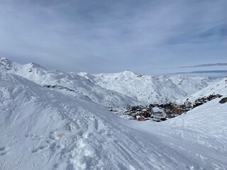 Panoramic snow view in ski resort Val Thorens ,France. Alps mountains