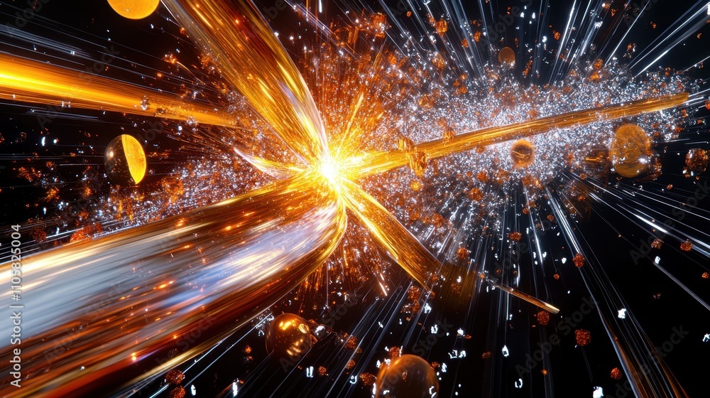 Poster a dynamic visualization of bosons as radiant, moving particles amidst intricate fields of energy and