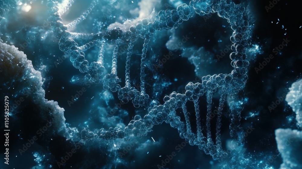 Poster a dynamic visualization of dna connecting with products, symbolizing the uniqueness and precision be