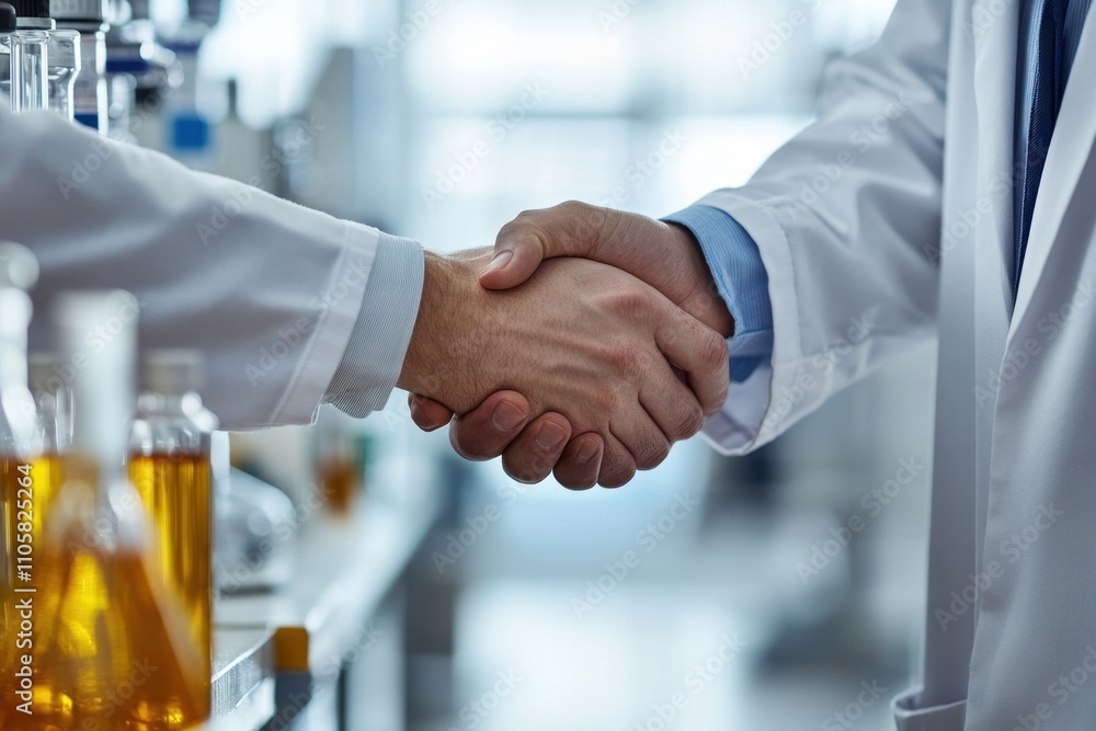 Poster close-up of scientists shaking hands in a laboratory setting illustrating collaboration in research 