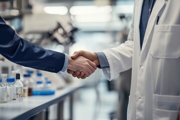 Professional Collaboration in a Laboratory Setting: Two Individuals Shaking Hands with Laboratory Equipment in the Background, Signifying Partnership in Research and Development