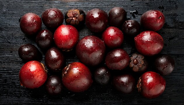 Flat Lay Top View of Bright Ripe Fragrant Black Bignay Fruit as Background
